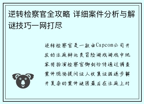 逆转检察官全攻略 详细案件分析与解谜技巧一网打尽